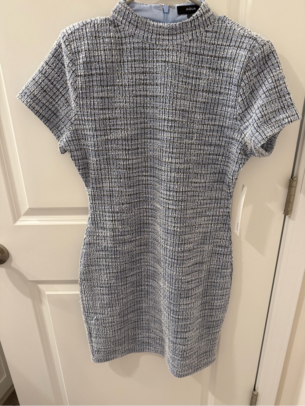 Aqua Light Blue Tweed Short-Sleeve Shift Dress